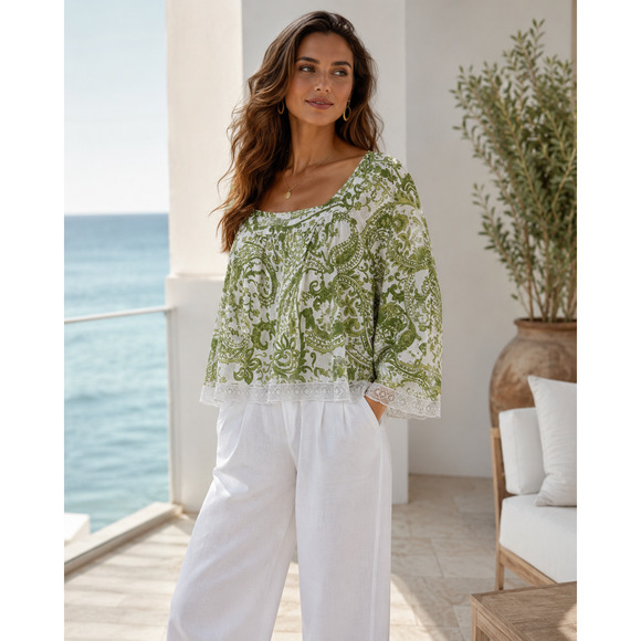 Rachel Zoe Tops - Rachel Zoe Women Linen Blouse Large Paisley Square Neck Resortwear Beach Cottage